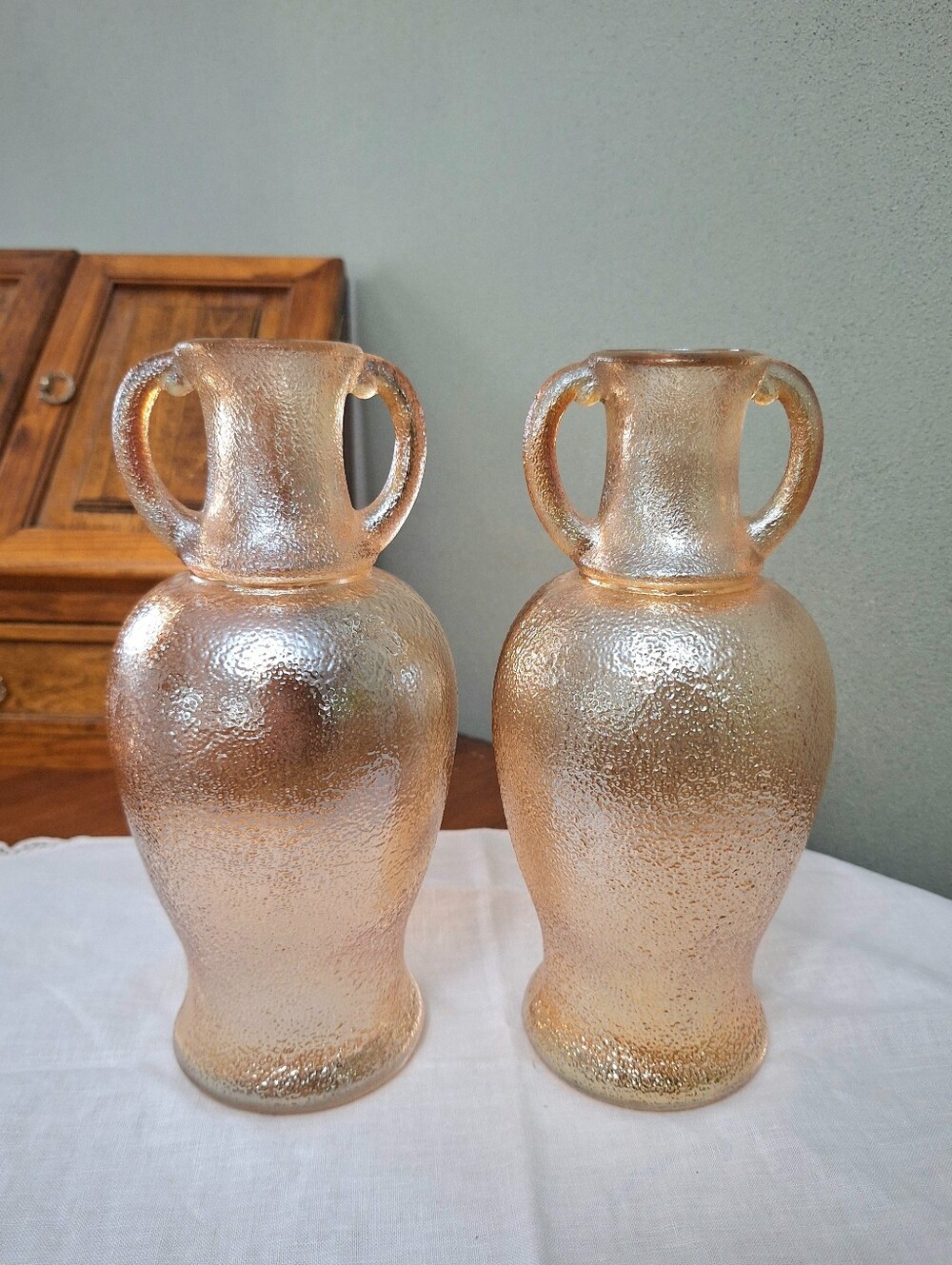 Vintage Marigold Carnival Glass Urn Vases Orange Peel Finish Turner Bros